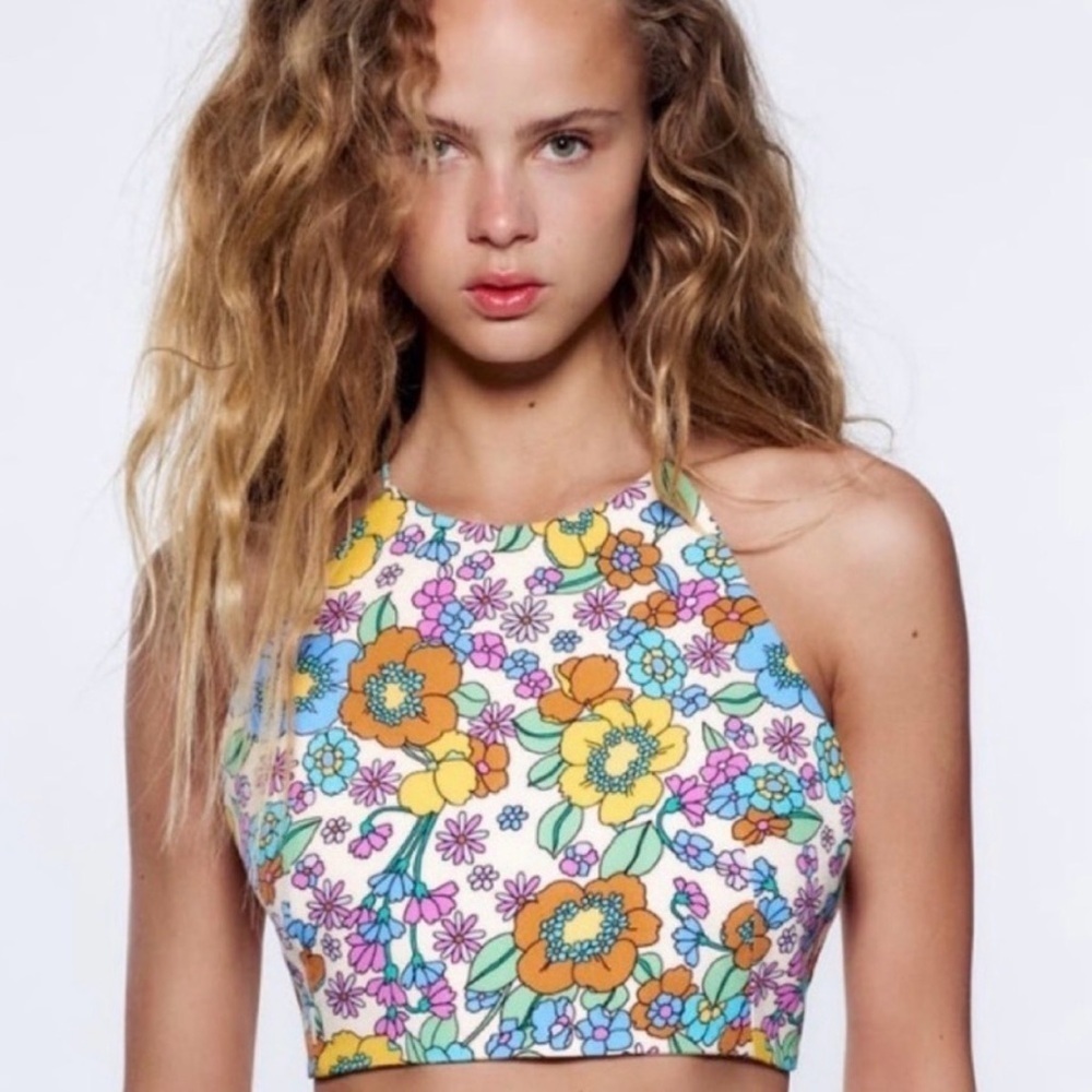 Zara Retro Floral Halter Crop Top 70s Mod Indie Coachella Boho Coachella Size XS